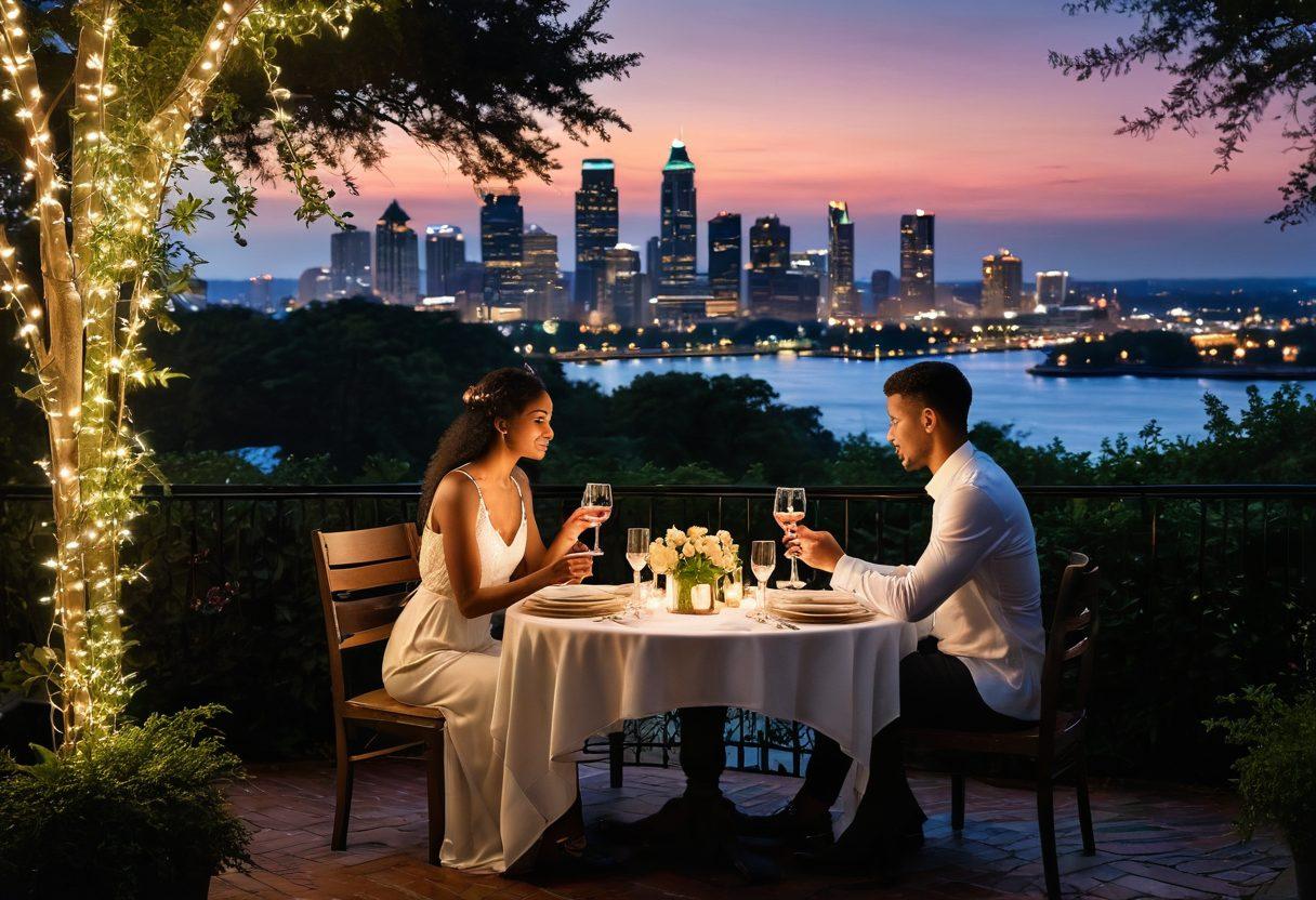 A romantic evening scene showcasing a couple dining at an elegantly set outdoor table with twinkling fairy lights, surrounded by lush greenery and a softly glowing city skyline of Atlanta in the background. The table is adorned with exquisite dishes and fine wine, evoking an atmosphere of luxury and intimacy. Include soft sunset hues to enhance the romantic mood. super-realistic. vibrant colors. cinematic.