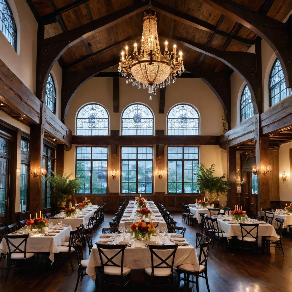 A stunning indoor venue that blends traditional architectural elements like ornate wooden beams and vintage chandeliers with modern comforts such as sleek furniture and high-tech lighting. Include guests celebrating, with colorful decorations and floral arrangements, capturing a joyful atmosphere. Sunlight streaming through large windows to highlight the harmonious fusion of heritage and contemporary design. elegant style. vibrant colors. super-realistic.