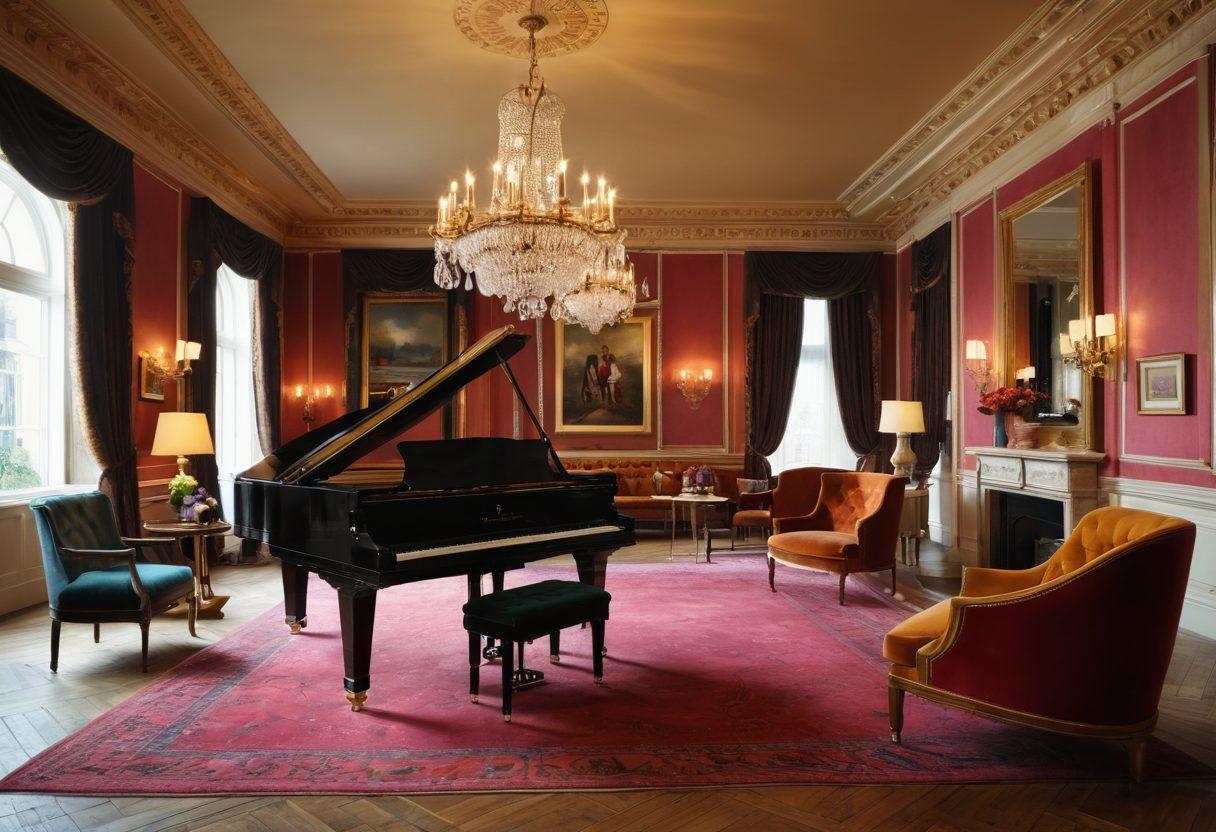 A luxurious hotel lobby showcasing opulent chandeliers and rich velvet furnishings, accented by a grand piano in the corner. The scene features guests in elegant attire mingling with cocktails in hand, alongside artful decor that embodies sophistication. Soft, ambient lighting creates a warm and inviting atmosphere, with hints of Georgian architecture in the background. super-realistic. vibrant colors. 3D.